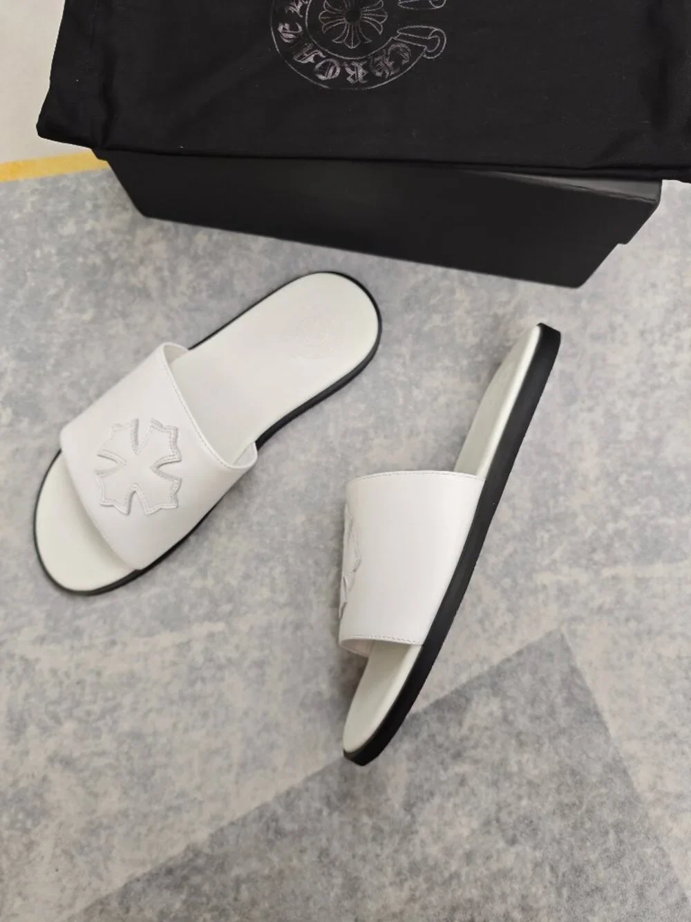 Chrome Hearts White Leather Plus Patch Slides, Cross Logo Sandals